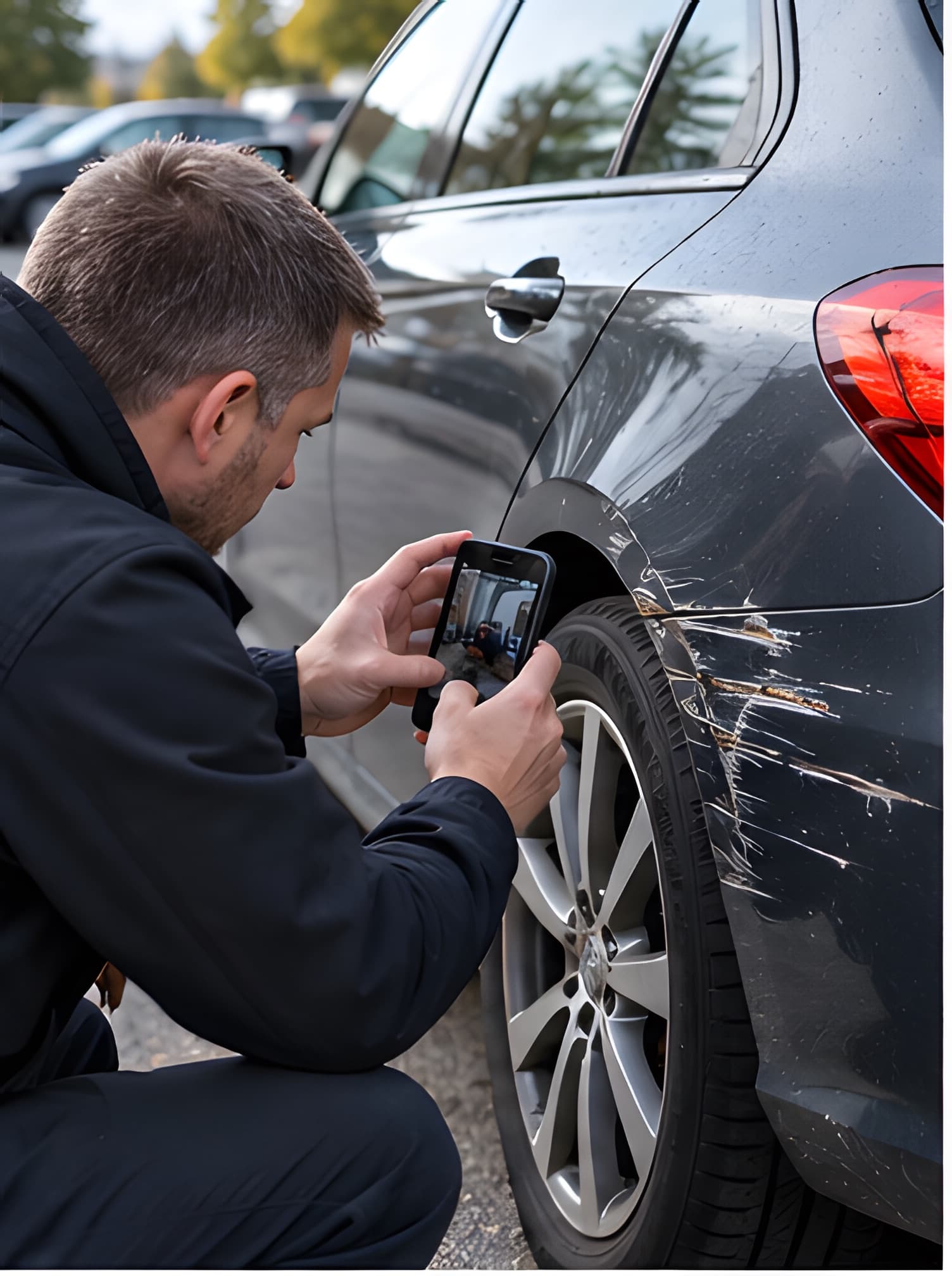 Employee photographing damage by a car's rear wheel with a phone