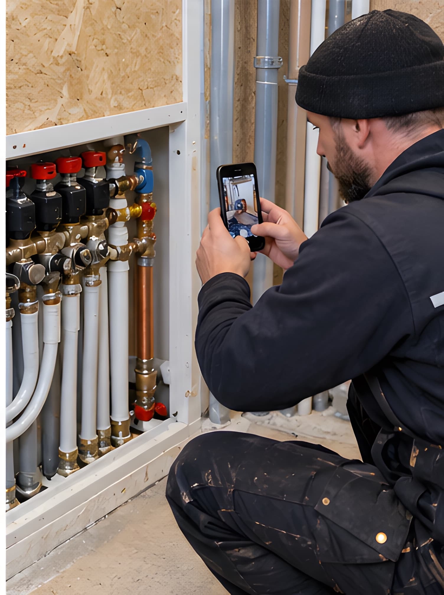 Installer photographing completed work with a phone