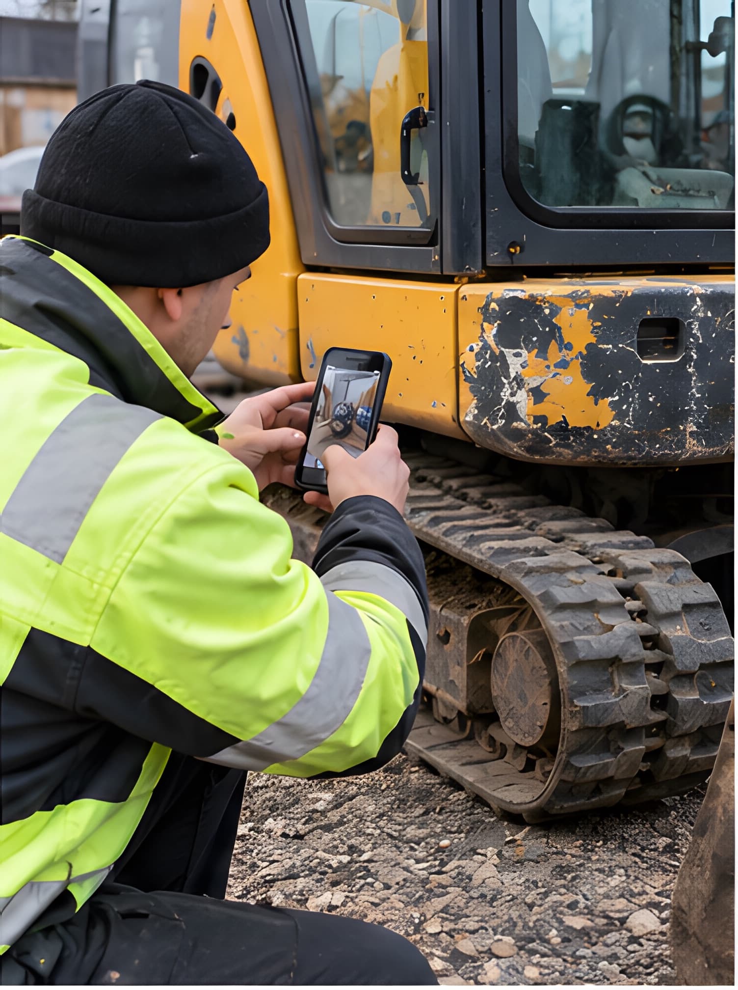 Employee documenting a returned mini excavator with a phone