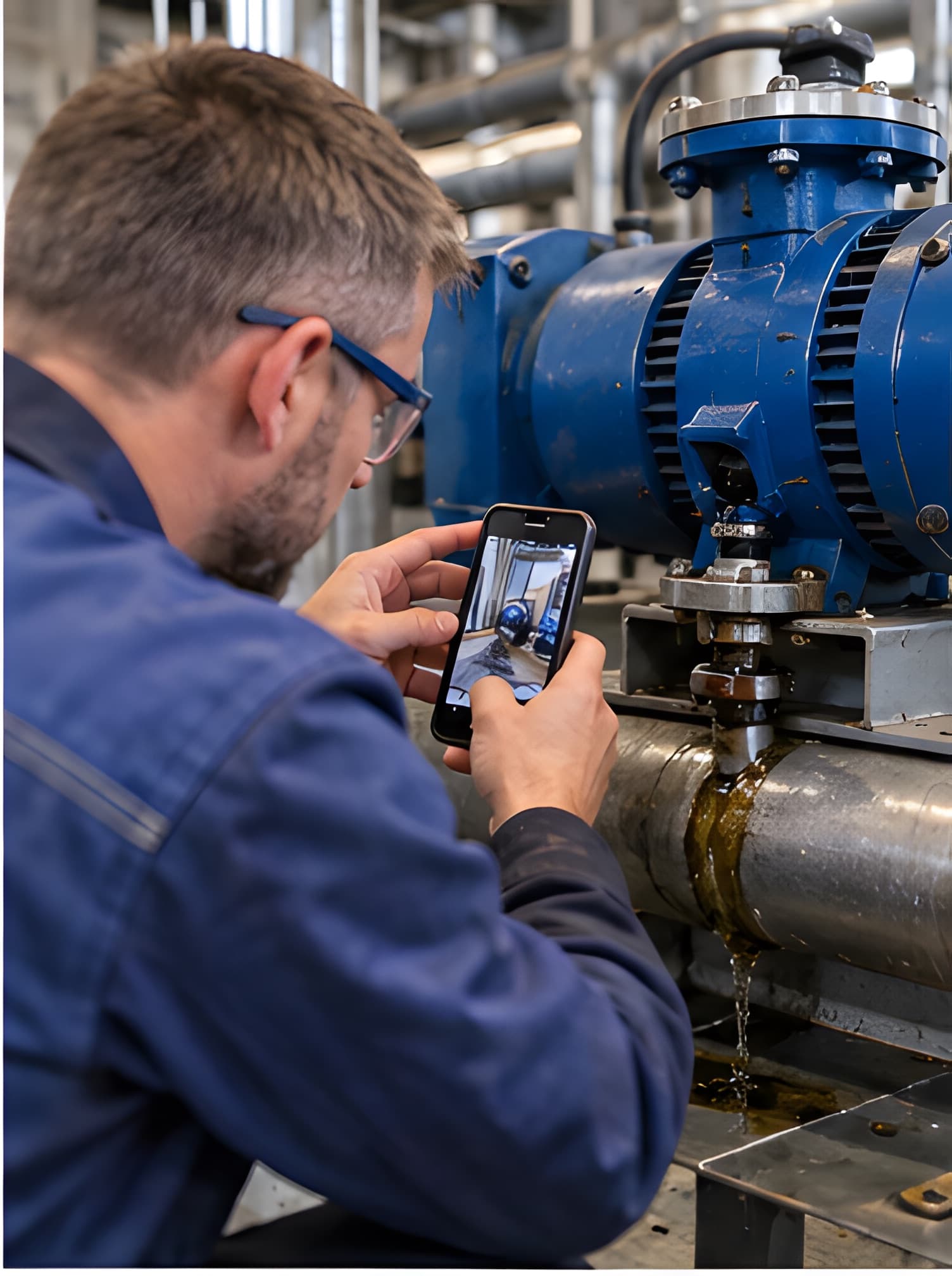 Operator photographing an oil leak on an industrial machine