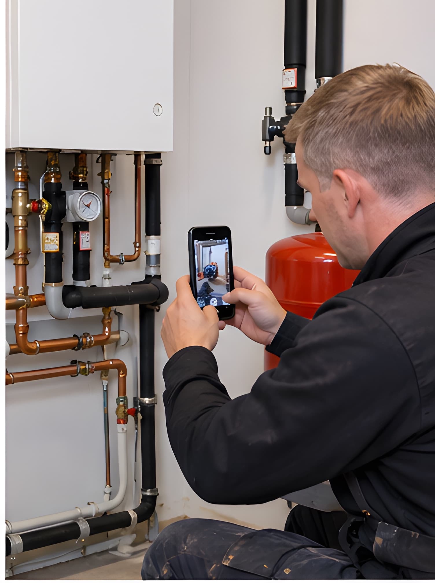 Service technician photographing a repaired component at a customer's site