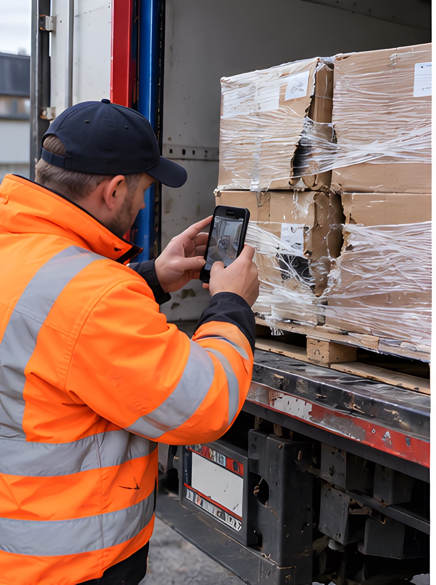 Driver photographing damaged goods by a truck