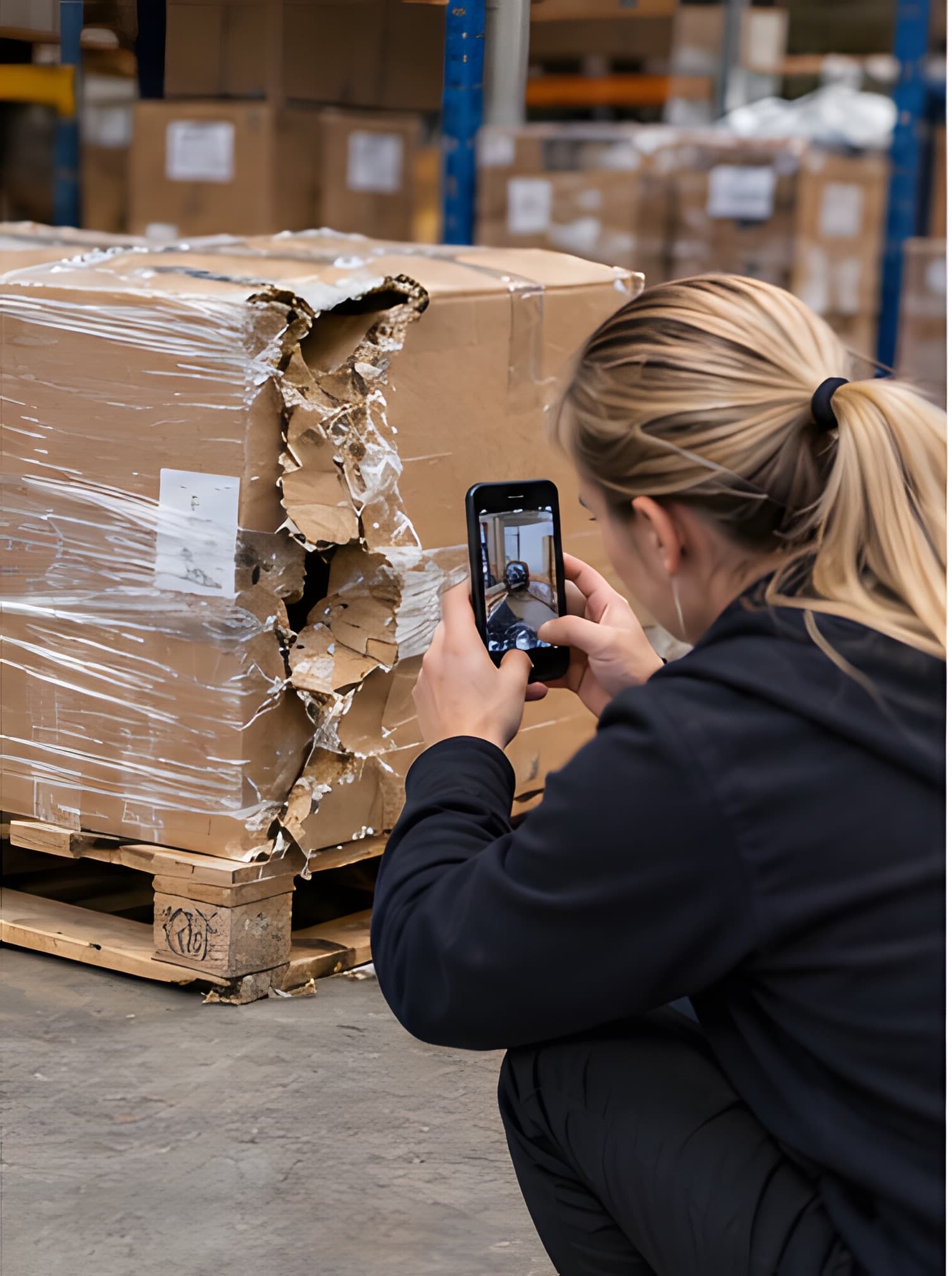 Warehouse employee photographing a damaged box on a pallet